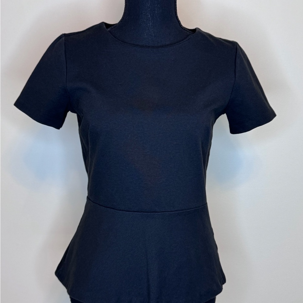 J Crew Blouse Womens Small Black Fitted Peplum Top Short Sleeves Zipper Spring
